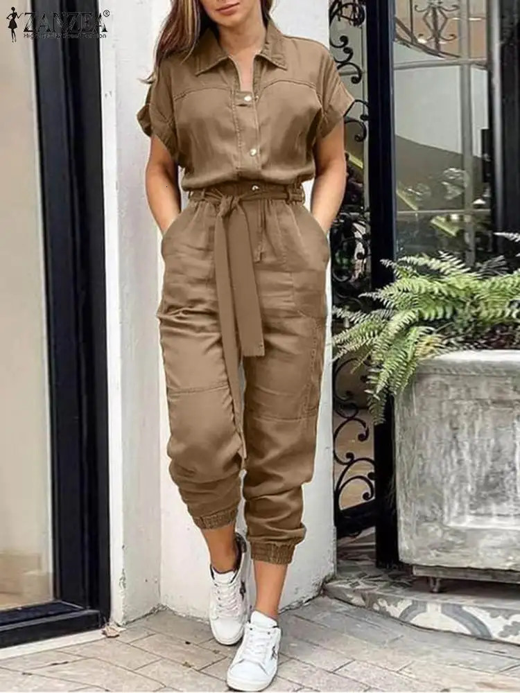 ZANZEA Women Overall Summer Fashion Cargo Jumpsuits Lapel Short Sleeve Rompers Elegant Lady Playsuits Vintage Work Pants Belted 240703