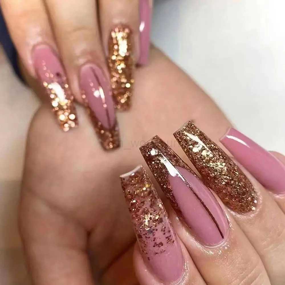 24Pcs Long Coffin False Nails Gold Glitter Sequins Designs Press On Full Cover Fake Nails Tips Wearable Manicure Art AccessoriesM240708