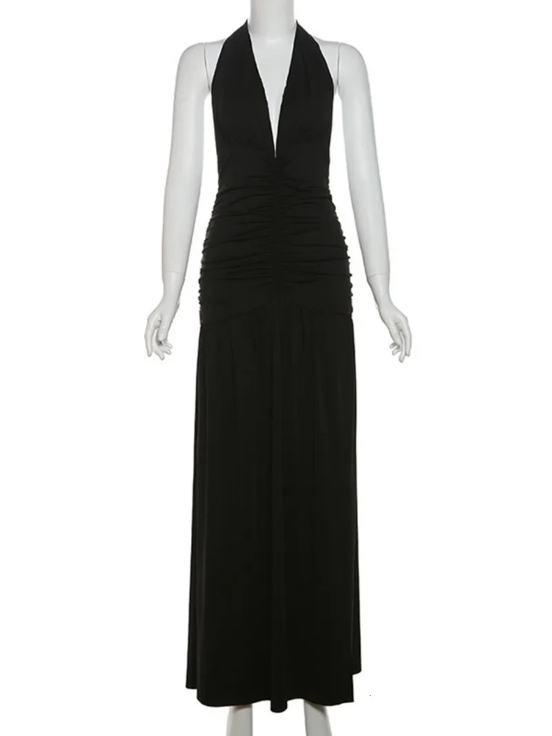 Womens Summer Deep Vneck High Waist Folds Long Dress Halter Neck Bandage Backless Tunics Split White Party Evening Dresses 240627