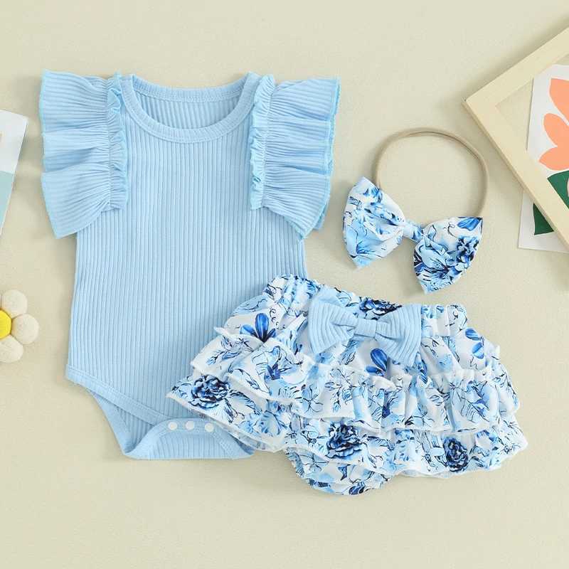 Clothing Sets Pudcoco Baby Girl Summer Clothes Ruffles Romper and Elastic Floral Skirt Shorts Headband Set 3 Piece Outfits 0-18M R240708