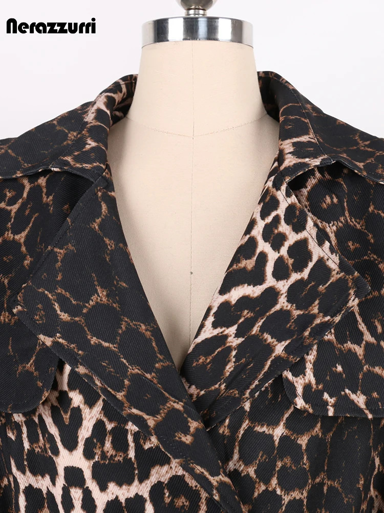Nerazzurri Spring Autumn High Quality Soft Colorful Leopard PrintTrench Coat for Women Belt Double Breasted Elegant Clothes 240701