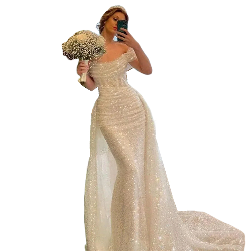 Glitter White Sequined Mermaid Wedding Dresses Off the Shoulder Long Train Bridal Gowns Detachable Overskirt 2024 Bride Reception Dress