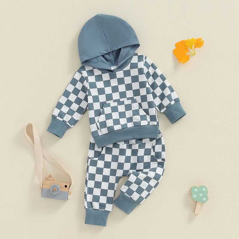 Clothing Sets Toddler Boys Fall Outfits Checkerboard Print Hooded Long Sleeve Hoodies Sweatshirts and Long Pants 2Pcs Clothes Set R240708