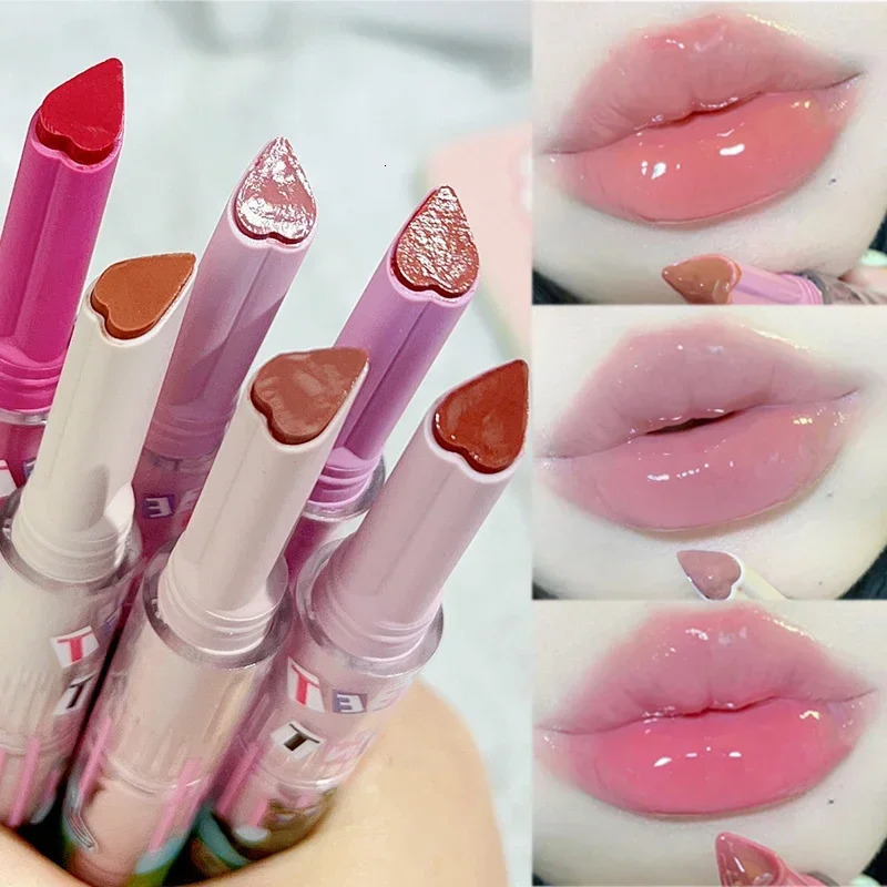 Jelly transparent solid lip gloss waterproof durable heart-shaped non stick cup mirror lipstick pen lipstick cosmetics 240705