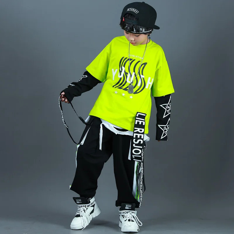 Kids Fashion Hip Hop Clothing Oversize Green Hoodie Streetwear Black Cargo Shorts For Girls Boys Jazz Dance Costume Clothes 240703