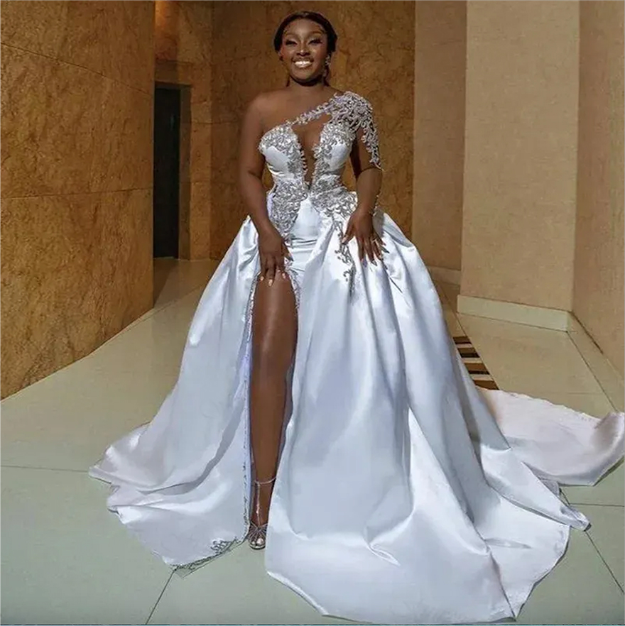 One Shoulder Satin A Line Wedding Dresses With Sweep Train Beading Lace Side High Slit Sexy Vestidos De Novia African Long Sleeve