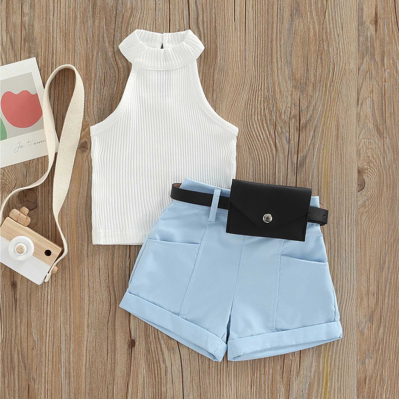 Clothing Sets Little Girl Three-Piece Outfits Solid Color Sleeveless Ribbed Stand-Up Collar Tops + Belted Short Pants + Small Waist Pack 6M-4T R240708