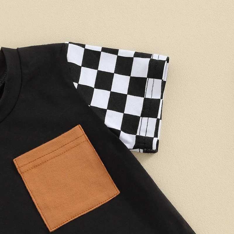 Clothing Sets 2023-12-25 Lioraitiin Toddler Baby Boy Summer Outfits Checkerboard Short Sleeve Tops + Patchwork Shorts Set Clothes R240708