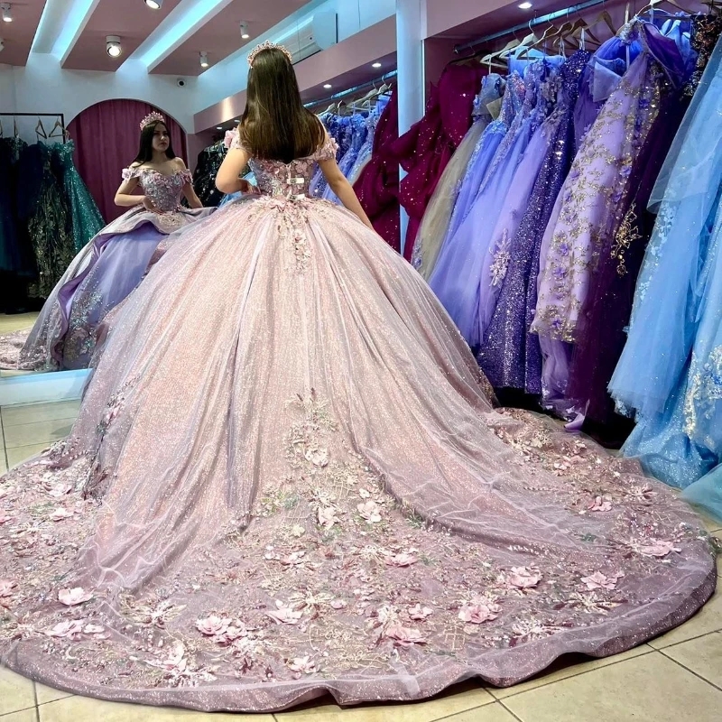 Lavender Puffy Skirt Princess Quinceanera Dresses Off shoulder 3DFloral Beads Gillter Lace-up Corset Charro vestido xv 15 anos