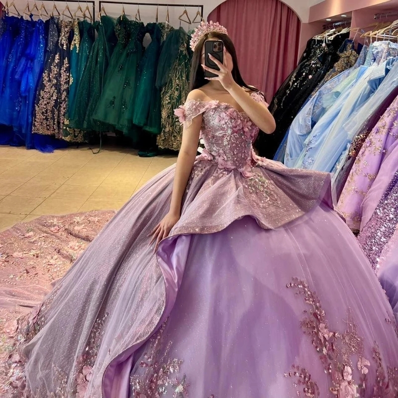 Lavender Puffy Skirt Princess Quinceanera Dresses Off shoulder 3DFloral Beads Gillter Lace-up Corset Charro vestido xv 15 anos