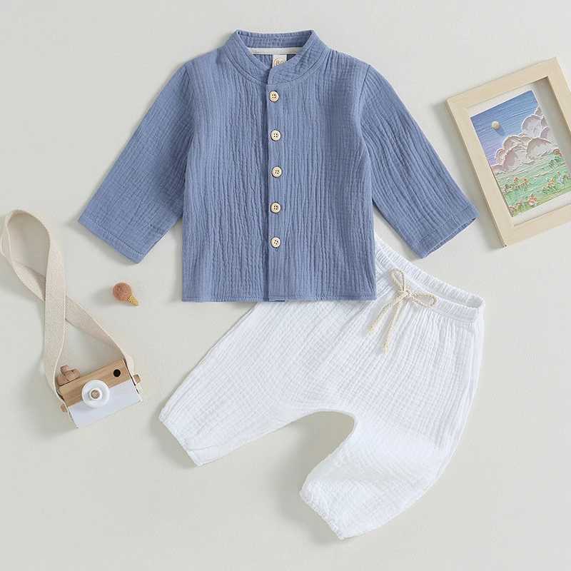 Clothing Sets 2023-06-11 Lioraitiin 0-4Years Kids Boys Fall Casual Outfits Solid Buttons Long Sleeve Shirts Tops Long Pants 2Pcs Clothes Set