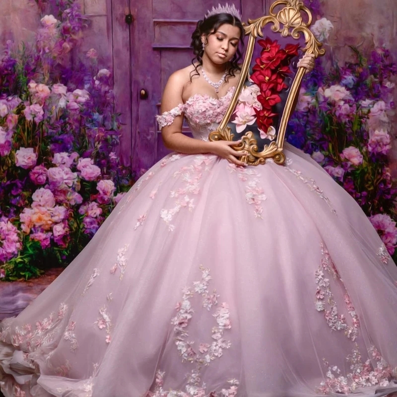 Pink Shiny Sexy Sweetheart Quinceanera Dress Sweet 15 2025 Off Shoulder Applique Lace Flower Tull Vestidos De 15 Anos Ball Gowns