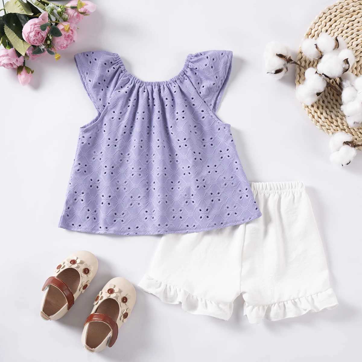 Clothing Sets Baby Girl Set Summer Solid Color Hollow Embroidered Top+Pure White Breathable Ruffle Edge Shorts 2 Piece Set for Daily+Birthday R240708