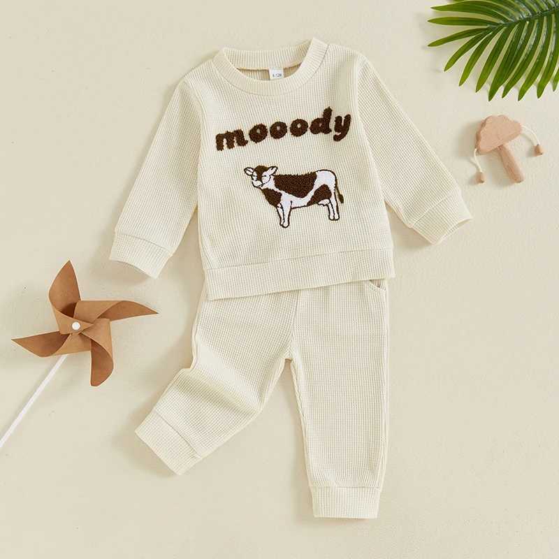 Clothing Sets 0-4Y Toddler Boys Spring Fall Pant Sets Cow Embroidered Long Sleeve Pullover Sweatshirt and Long Pants Outfits Kids Clothes Cute R240708