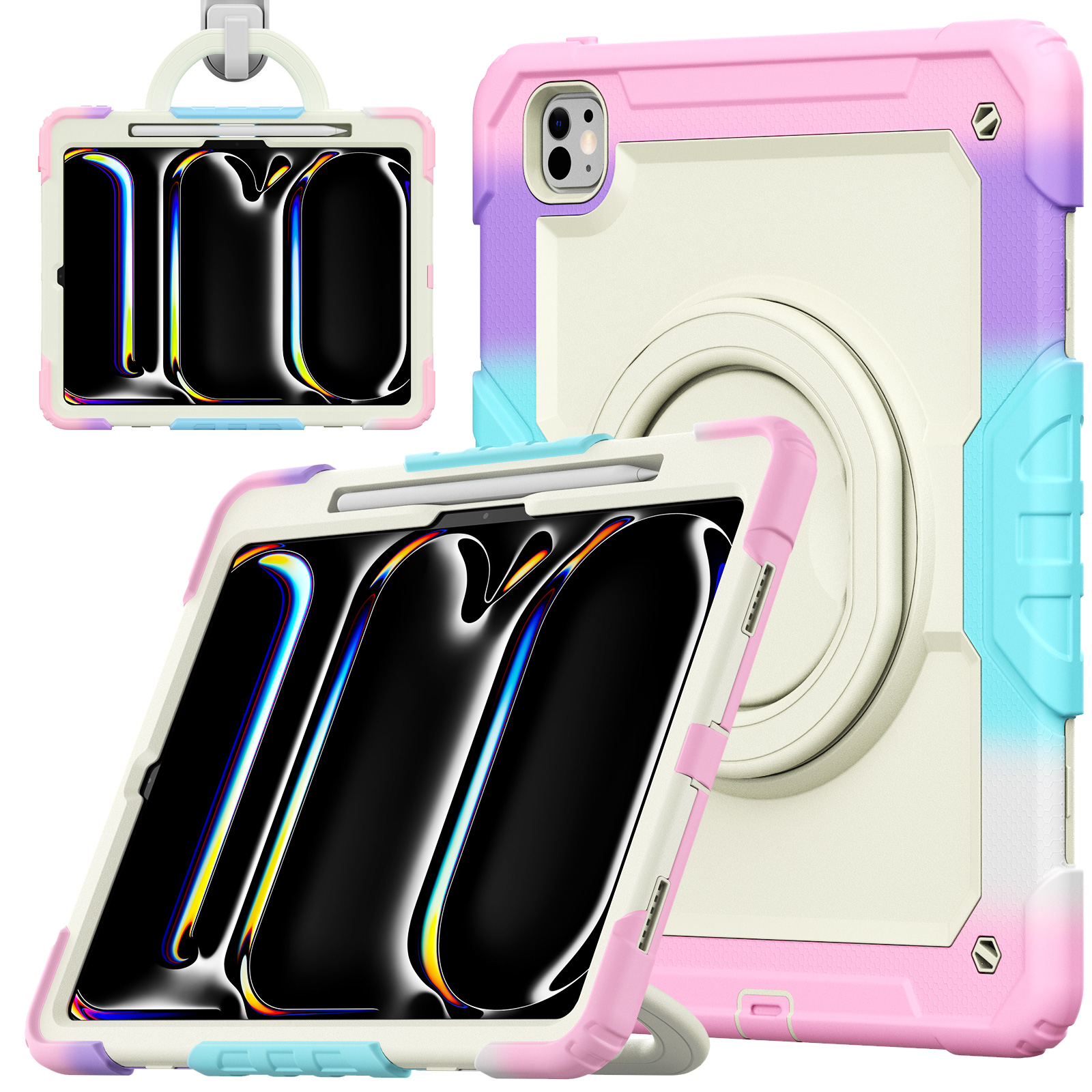 Heavy Duty Case For 2024 iPad Pro 13 Air 13 M2 Folding Handle Grip 360 Rotation Stand Hybrid Armor Tablet Cover Shockproof Cases with Shoulder Strap S