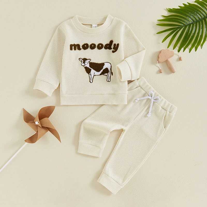Clothing Sets 0-4Y Toddler Boys Spring Fall Pant Sets Cow Embroidered Long Sleeve Pullover Sweatshirt and Long Pants Outfits Kids Clothes Cute R240708