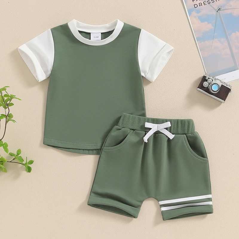 Clothing Sets 2024-03-26 Lioraitiin Summer Toddler Baby Boys 2PCS Shorts Sets Short Sleeve Contrast Color Tops and Drstring Shorts Sets R240708