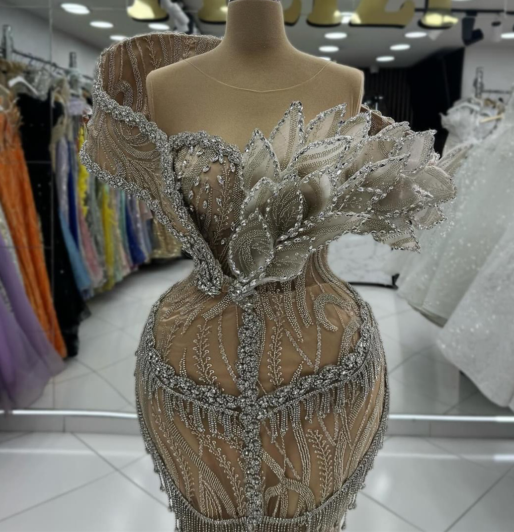 2024 Aso Ebi Champagne Illusion Mermaid Prom Dresses Crystals Lace Evening Formal Party Second Reception Birthday Celebrity Engagement Gowns Dress Rob