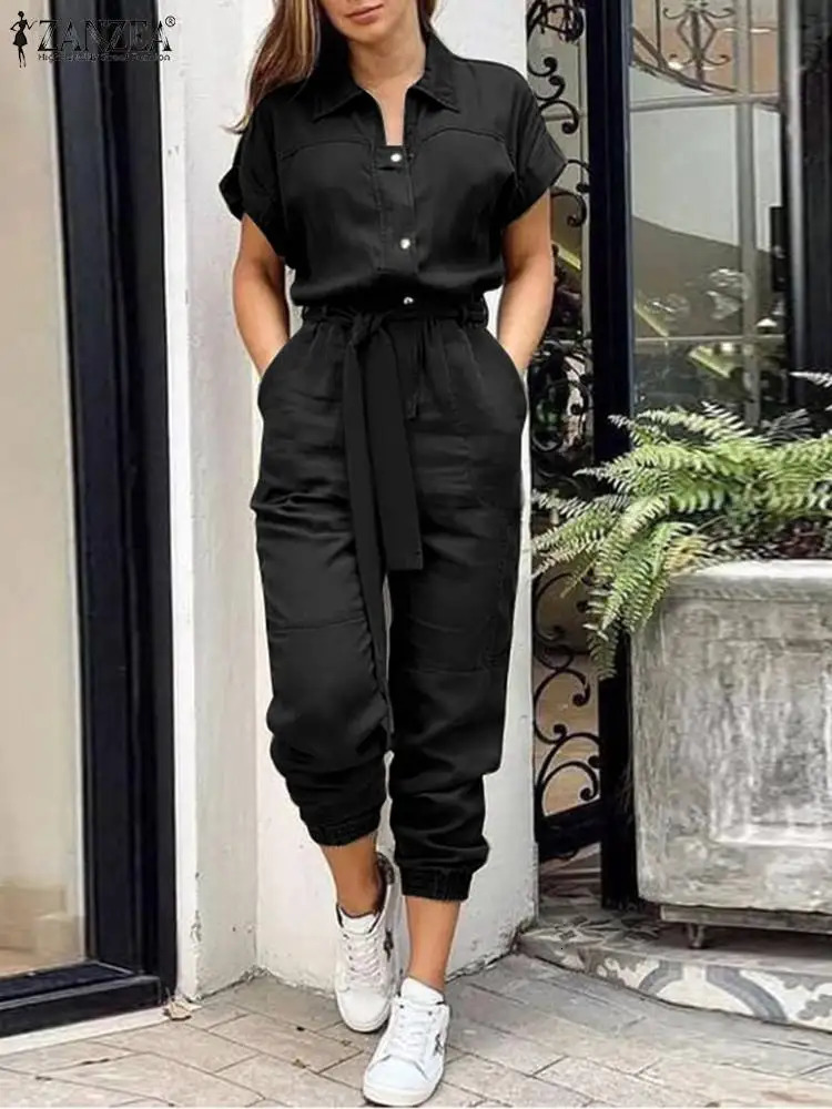 ZANZEA Women Overall Summer Fashion Cargo Jumpsuits Lapel Short Sleeve Rompers Elegant Lady Playsuits Vintage Work Pants Belted 240703