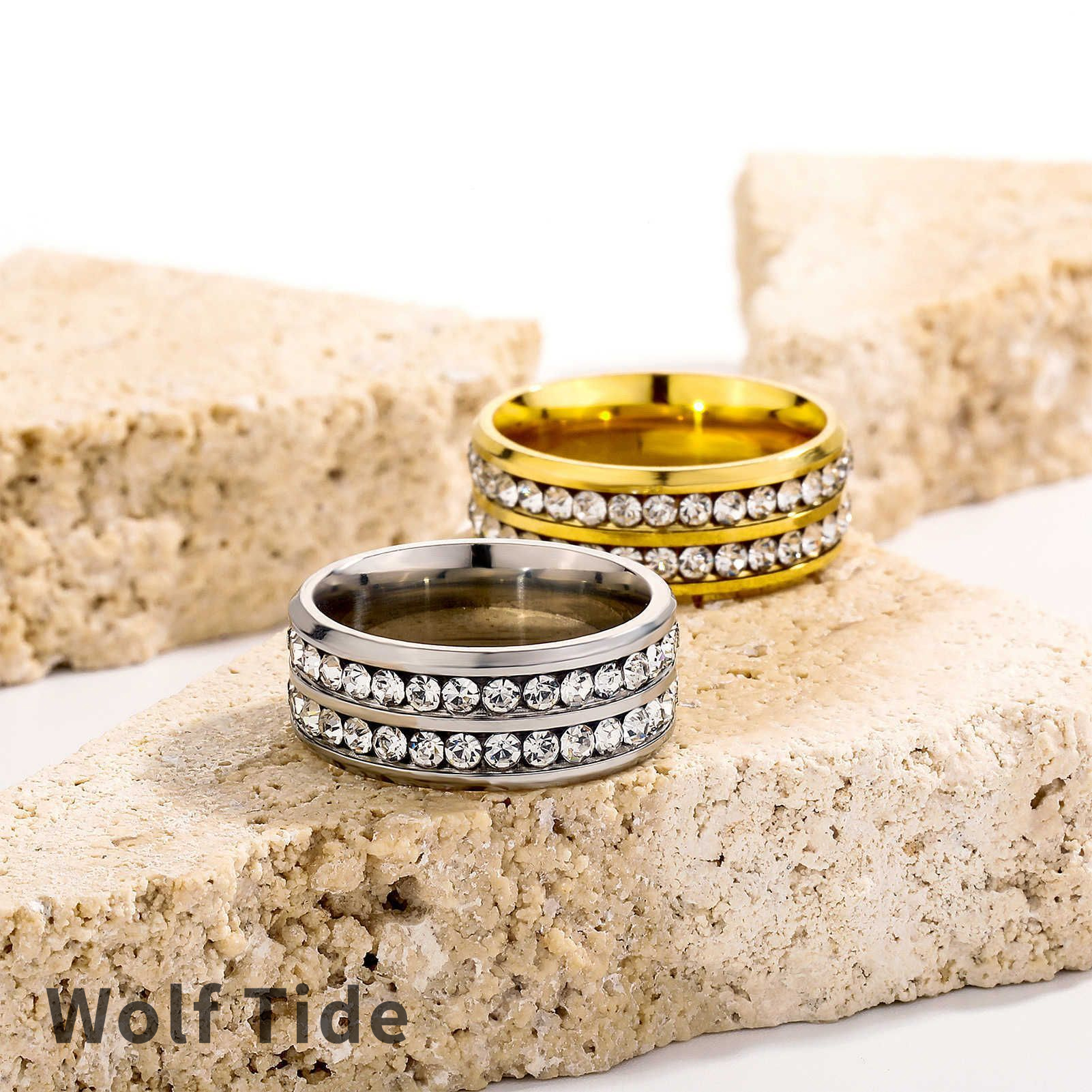 2 Row Cubic Zirconia Titanium stainless Steel Band Ring For Men And Women Hip Hop Iced Out Top Quality 14k Gold Platedl Couple Finger Rings Wedding Br