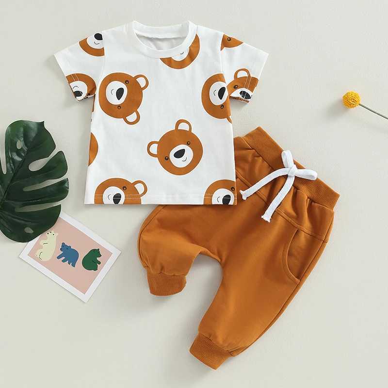 Clothing Sets 2023-05-23 Lioraitiin 0-3Years Toddler Baby Boy 2Pcs Summer Outfits Short Sleeve Bear Print Tops Solid Pants Set Clothes R240708