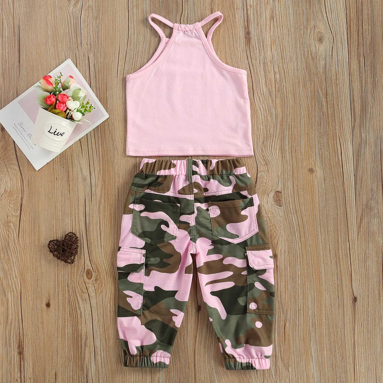 Clothing Sets Infant Kids Baby Girls 2Pcs Clothes Set Sleeveless Letter Printed High Neck Halter Tops with Camouflage Printed Long Pants R240708