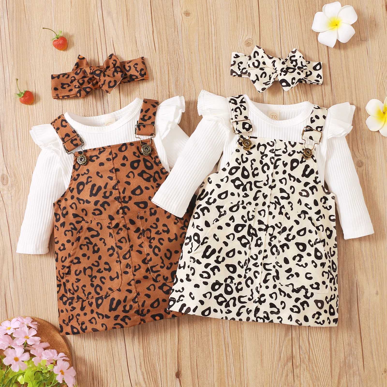 Clothing Sets 3 Pcs Baby Girls Casual Outfits Ribbed Fly Sleeve Round Neck Bodysuit + Leopard Print Suspender Skirt + Bow Headband R240708