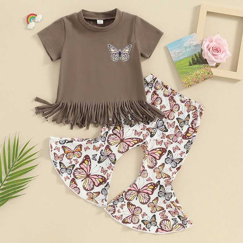 Clothing Sets Lioraitiin Toddler Kids Baby Girls Summer Clothes Sets Short Sleeve Tassel Hem T-shirts Butterfly Print Flared Pants Outfits R240708