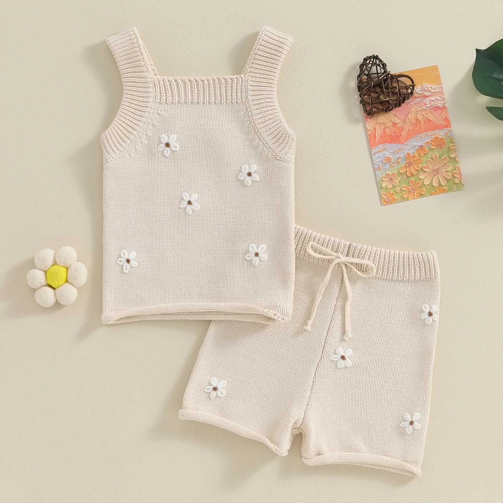 Clothing Sets Pudcoco Baby Girl Summer Outfit Flower Embroidered Camisoles Knit Tank Tops Drstring Elastic Waist Shorts 2Pcs Clothes 0-18M R240708