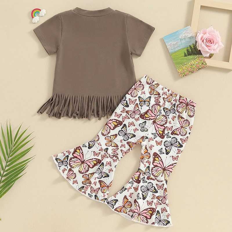 Clothing Sets Lioraitiin Toddler Kids Baby Girls Summer Clothes Sets Short Sleeve Tassel Hem T-shirts Butterfly Print Flared Pants Outfits R240708