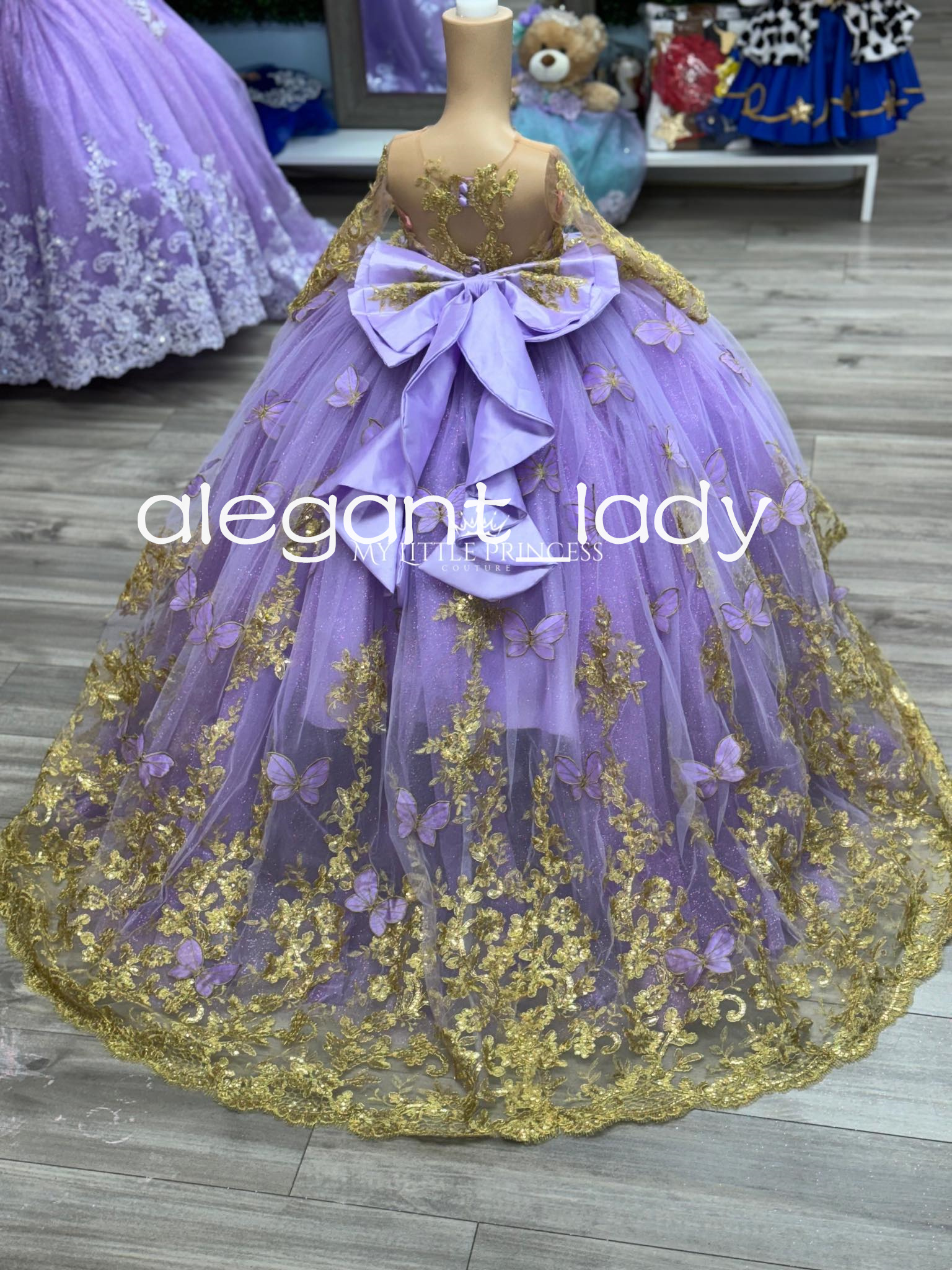 Lilac Lavender Princess Mini Quinceanera Dresses 3D Butterfly Big Bow Applique Toddler birthday Flower Girls Dress with Sleeve