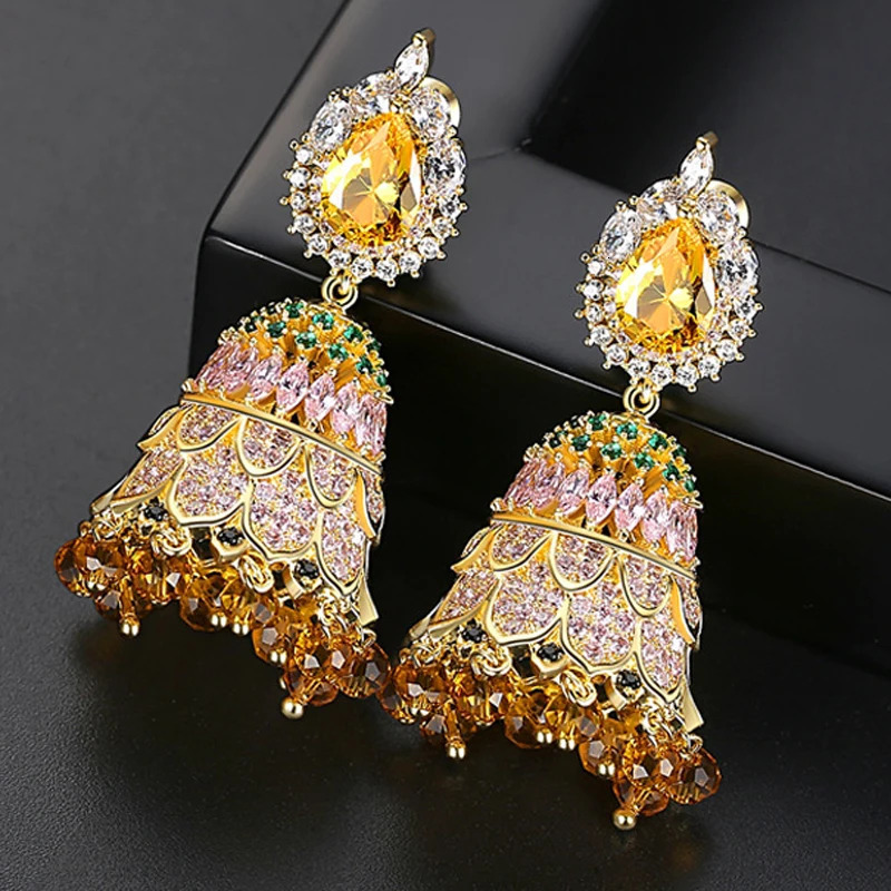 Vintage Bell Beads Crystal Zircon Tassel Drop Dangle Earrings Fashion Indian Dubai Bollywood Jhumka Jhumki Gold Plated Jewelry 240701