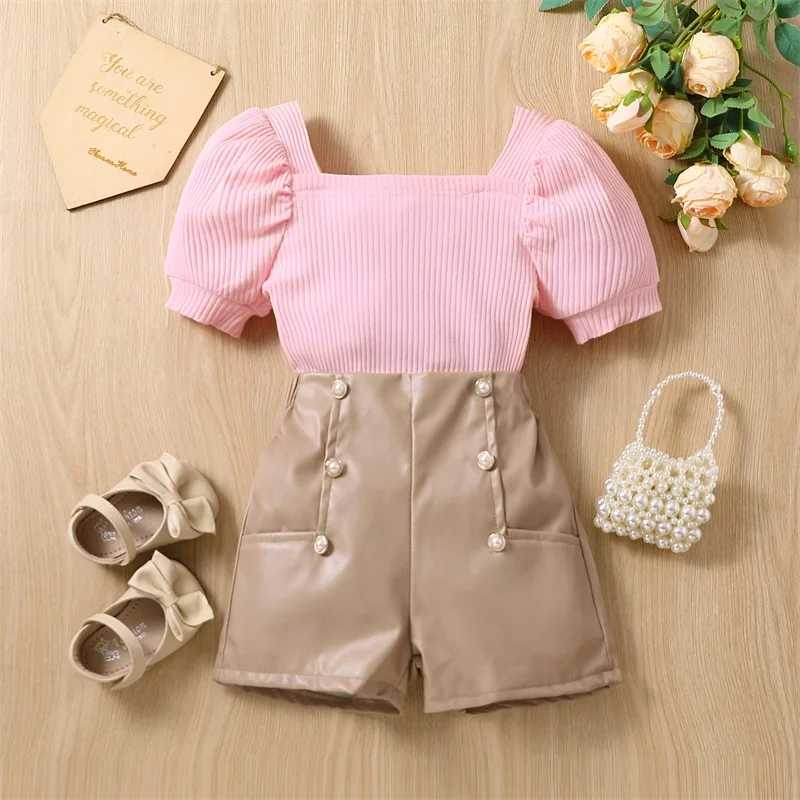 Clothing Sets 2023-02-21 Lioraitiin 0-6Years Toddler Girls 2Pcs Summer Outfit Sets Pink Short Sleeve Knit Ribbed Tops Brown Button Shorts R240708