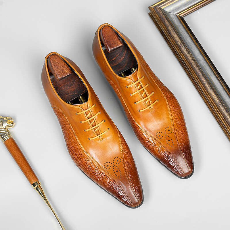 HKDQ Pointed Toe Designer Fashion Dress For Men Genuine Leather Lace Up Wedding Business Shoes Formal Black Oxford Shoe