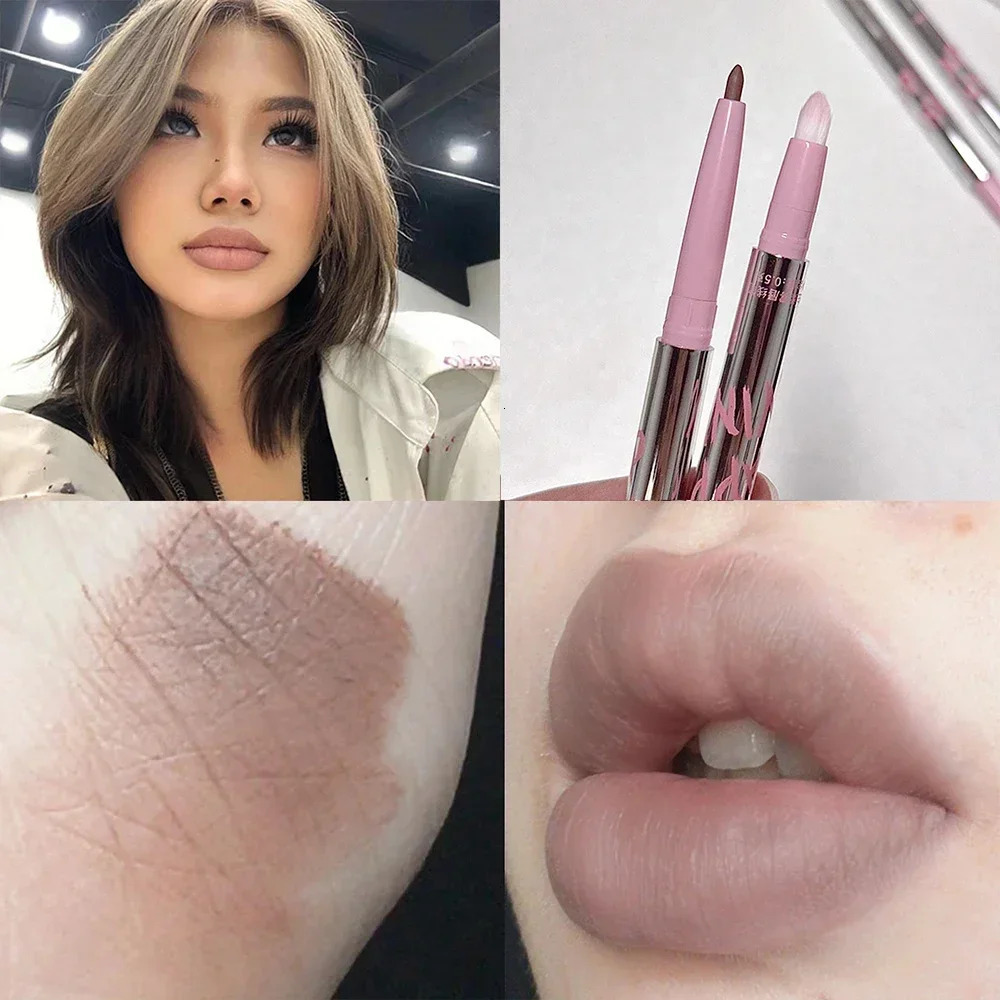 Lipliner matte lipstick pen silver tube waterproof durable lipstick contour non sticky cup lipstick pencil makeup 240705