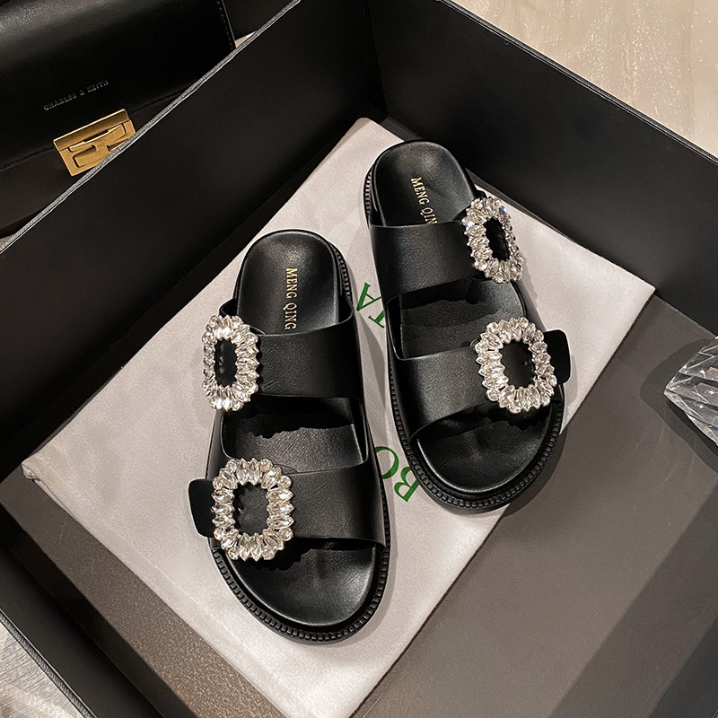 Rutep slippers are worn over women's rhinestone square buckles open toe double loops platform sandals and large size women's shoes apricot 4