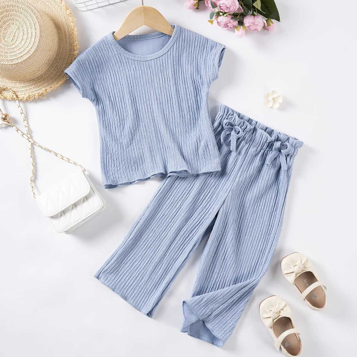 Clothing Sets Spring and Autumn Girls Short Sleeve Long Pants Solid Color Clothes Set Casual Comfortable Princess Kids Cotton Clothing R240708