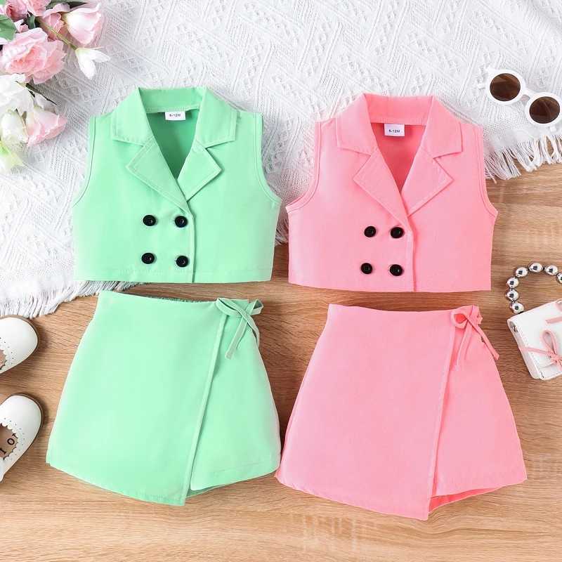Clothing Sets Pudcoco Toddler Kids Baby Girl 2 Pcs Suit Sleeveless V Neck Double Breasted Tank Tops with Skirt Summer Outfits 6M-4T R240708
