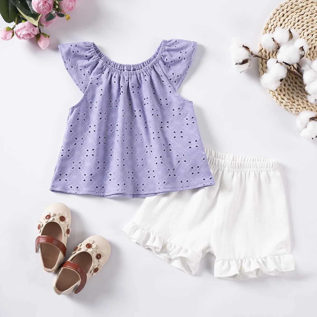 Clothing Sets Baby Girl Set Summer Solid Color Hollow Embroidered Top+Pure White Breathable Ruffle Edge Shorts 2 Piece Set for Daily+Birthday R240708