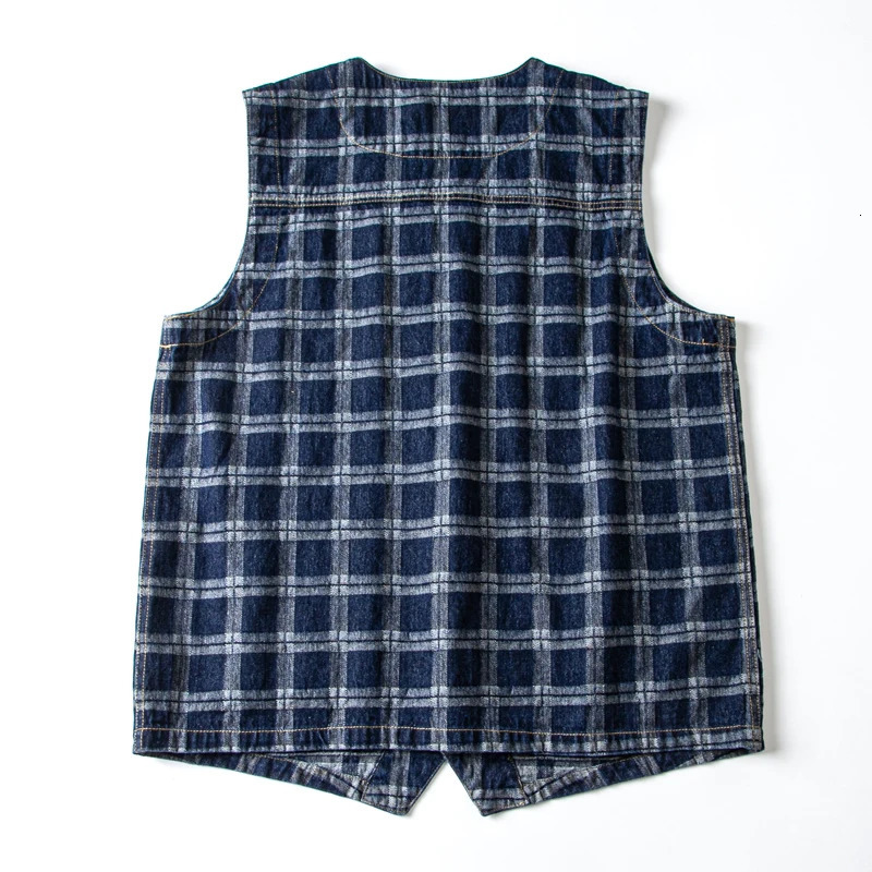 American Casual Retro Plaid Denim Vest with Multiple Pockets Denim Sleeveless Check Workwear Vest Vintage Amekaji Y2k Youth Male 240704