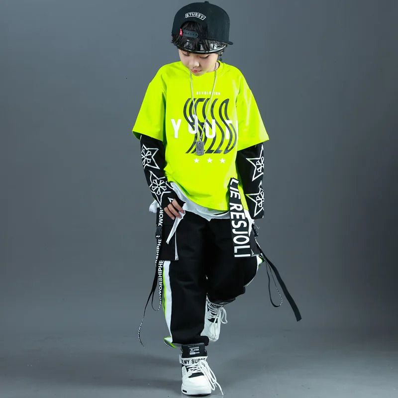 Kids Fashion Hip Hop Clothing Oversize Green Hoodie Streetwear Black Cargo Shorts For Girls Boys Jazz Dance Costume Clothes 240703