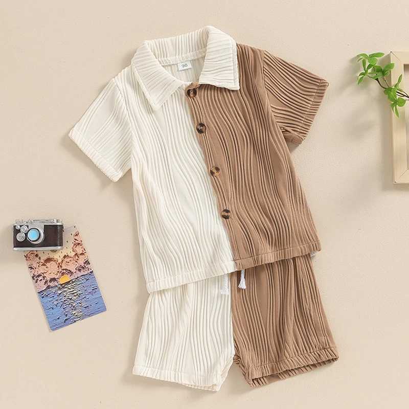 Clothing Sets 2024-03-18 Lioraitiin Kids Boys Summer Outfits Patchwork Textured Buttons Short Sleeve Tops and Elastic Waist Shorts Clothes Set R240708