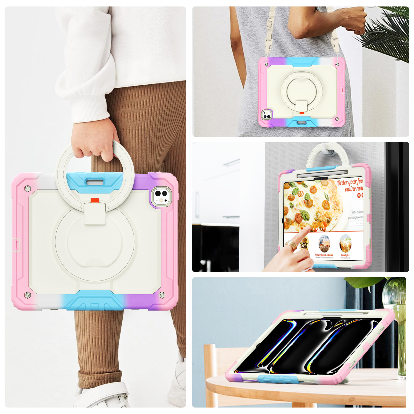 Heavy Duty Case For 2024 iPad Pro 13 Air 13 M2 Folding Handle Grip 360 Rotation Stand Hybrid Armor Tablet Cover Shockproof Cases with Shoulder Strap S