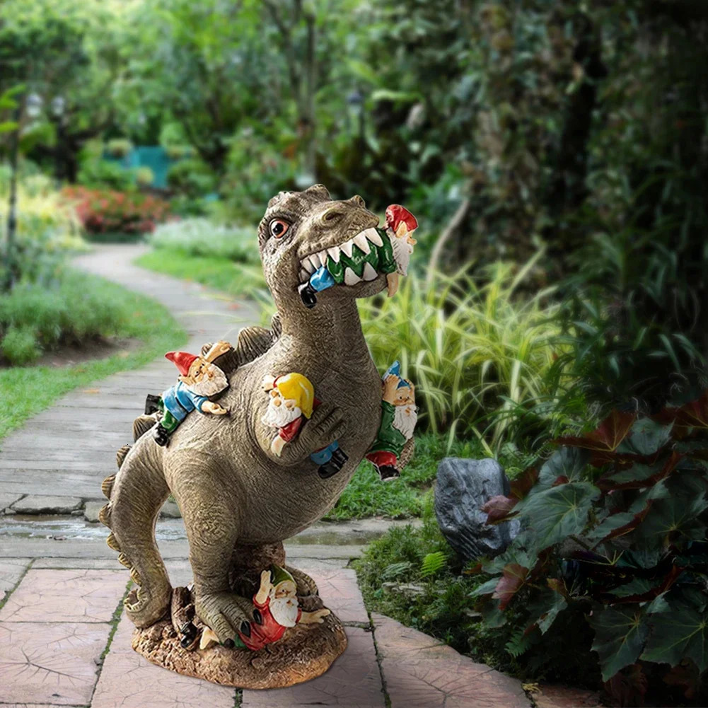 Garden Gnome Dinosaur Statues Outdoor Decor Eating Gnomes Ornaments Handicraft Flower Pot Accessories 240704