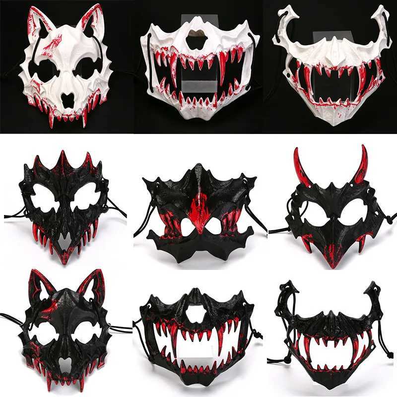 Half-face Blood Mask Men Dragon Tiger Wolf Mask Horror Halloween Costume Cover Props Animal Skeleton Mask Party Cosplay PropsXJ240905