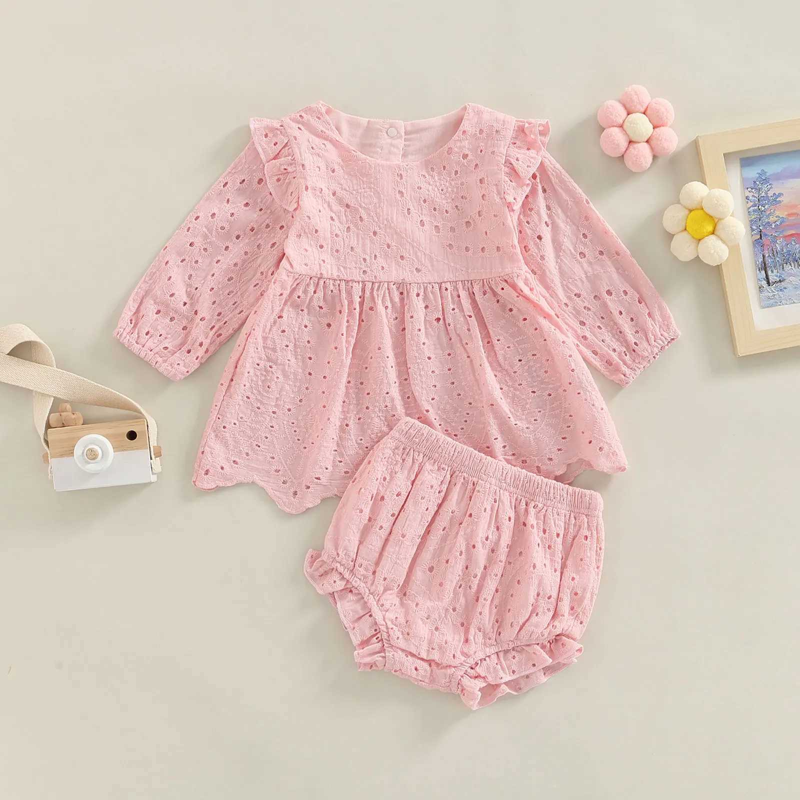 Clothing Sets Toddler Baby Girl Clothes 2Pcs Set Solid Color Cutout Round Neck Long Sleeve T-shirt Tops and Elastic Casual Ruffle Shorts 3-24M R240708