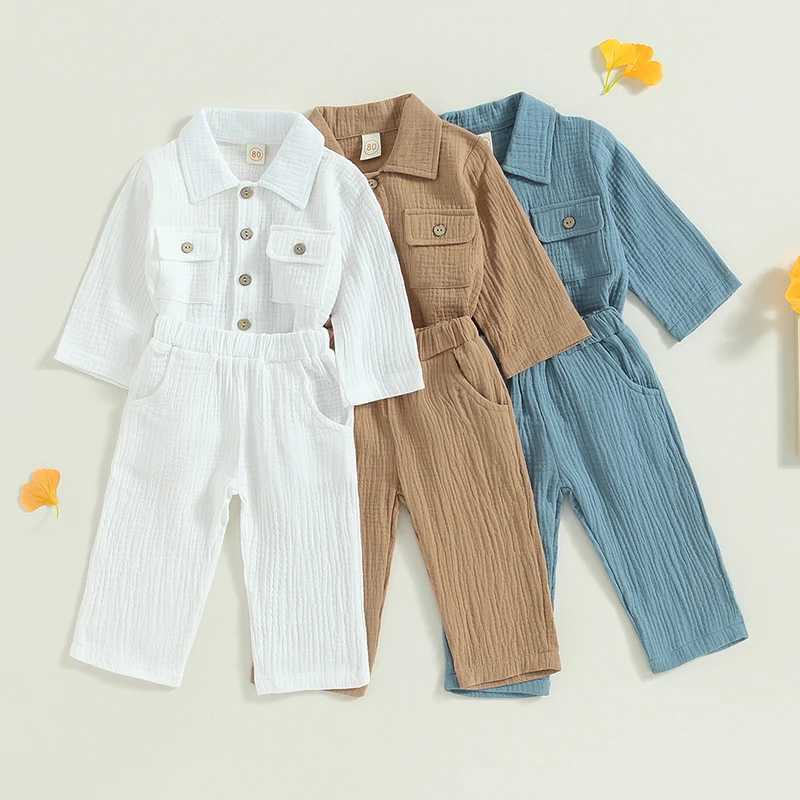 Clothing Sets 0-4Y Baby Boy Autumn Outfits Kids Long Sleeve Button Down Lapel Shirt with Pocket + Pants Set Toddler Casual Clothes R240708