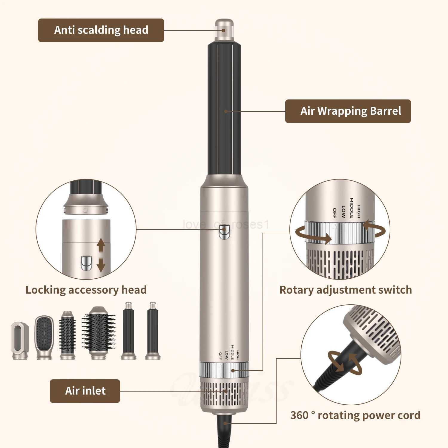 Hair Dryer 5 in 1 Multifunctional Electric Comb Negative Ion StraightComb Curling Iron Detachable Bruening Brush Hair DryerM240709