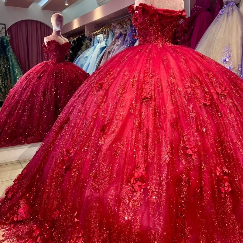 Red Shiny Quinceanera Dresses Sleeveless Crystal Sequined Ball Gown Off The Shoulder Applique Lace Beads Corset Vestidos 15 Para