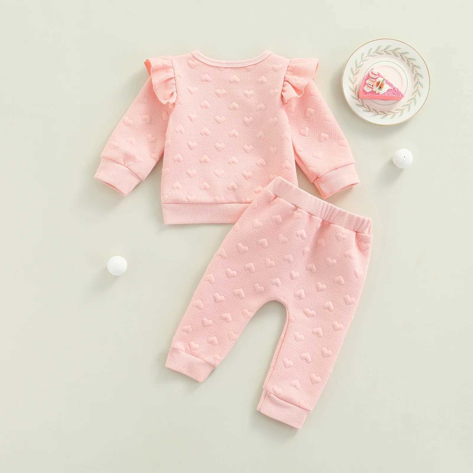 Clothing Sets Valentine 2 Pieces Kids Suit Set Solid Color O-Neck Long Sleeve Ruffle Tops+ Bowknot Trousers for Girls Pink 0-24 Months R240708